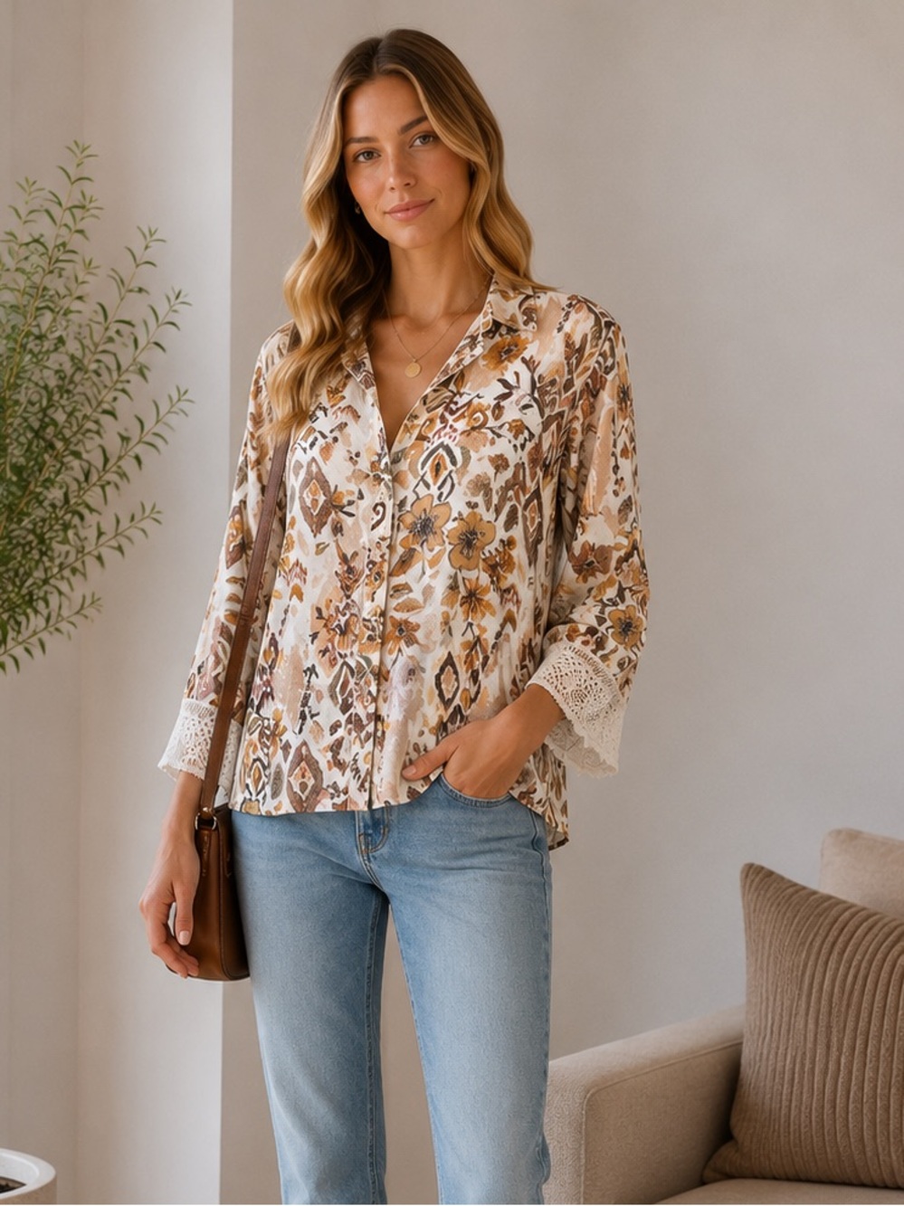 Zara Floral Button Down Shirt Embroidered Cuffs Brown White size XL